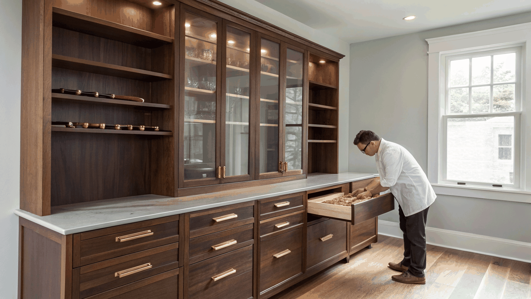 Custom kitchen cabinetry with walnut accents