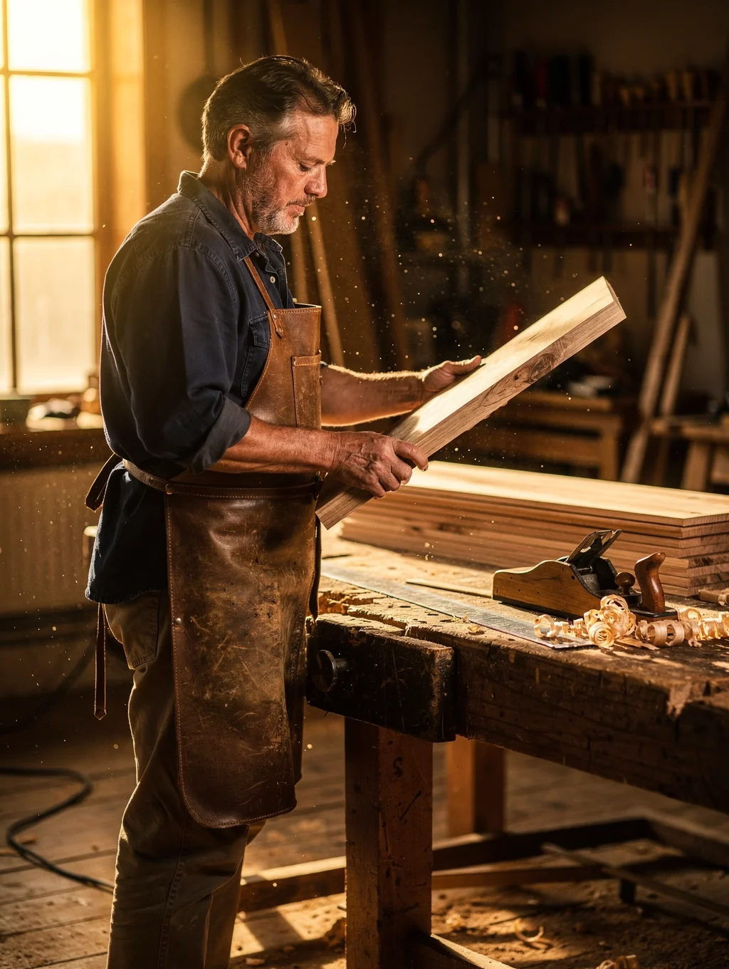 A master craftsman working on a walnut wood project in a rustic workshop